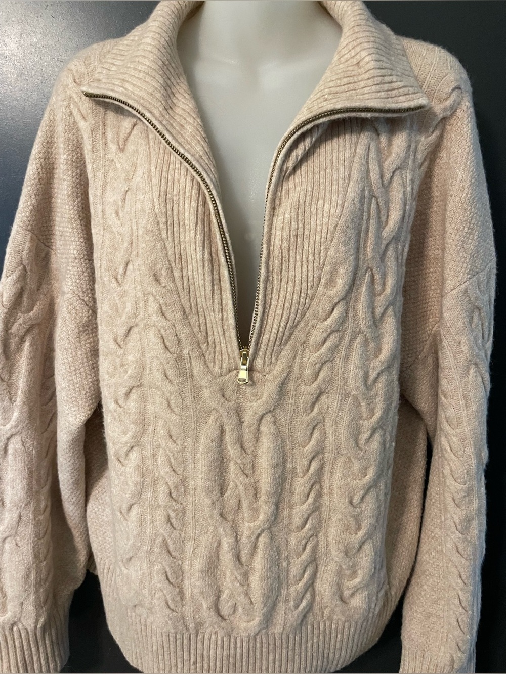J.Crew Re-imagined Merino Alpaca Cable Knit Half-Zip Sweater L Oatmeal